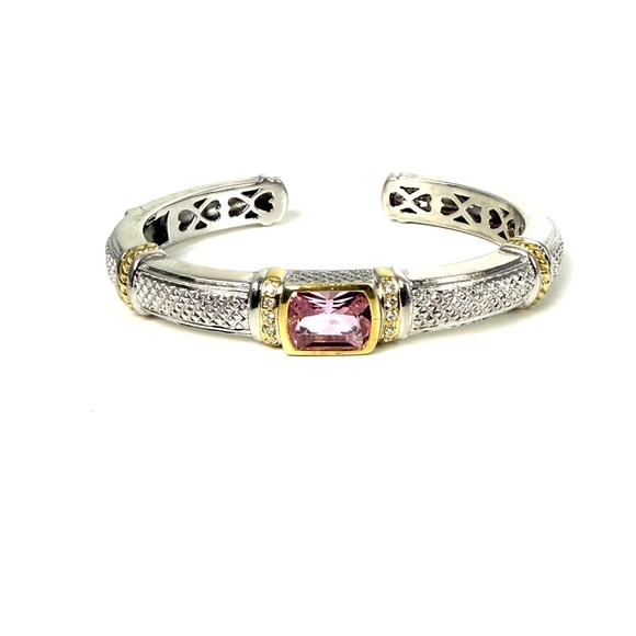 Judith Ripka Jewelry - Authentic Judith Ripka Silver Gold Pink Quartz Diamond Cuff Bracelet 6.25